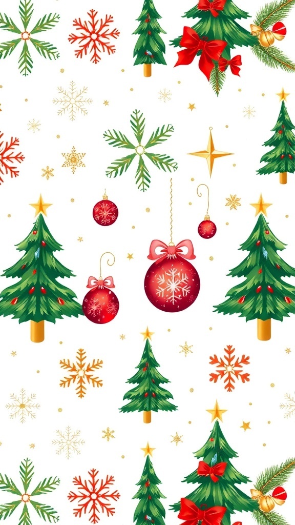 Festive Christmas Wallpaper Design Festive Christmas wallpaper design with snowflakes, trees, and ornaments in red, green, and gold.